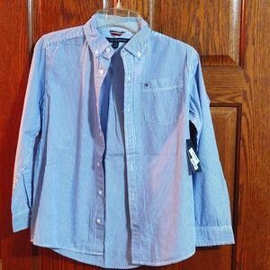 Boy's Blue and White Pinstripe Tommy Hilfiger Shirt, Size Large (16-18)